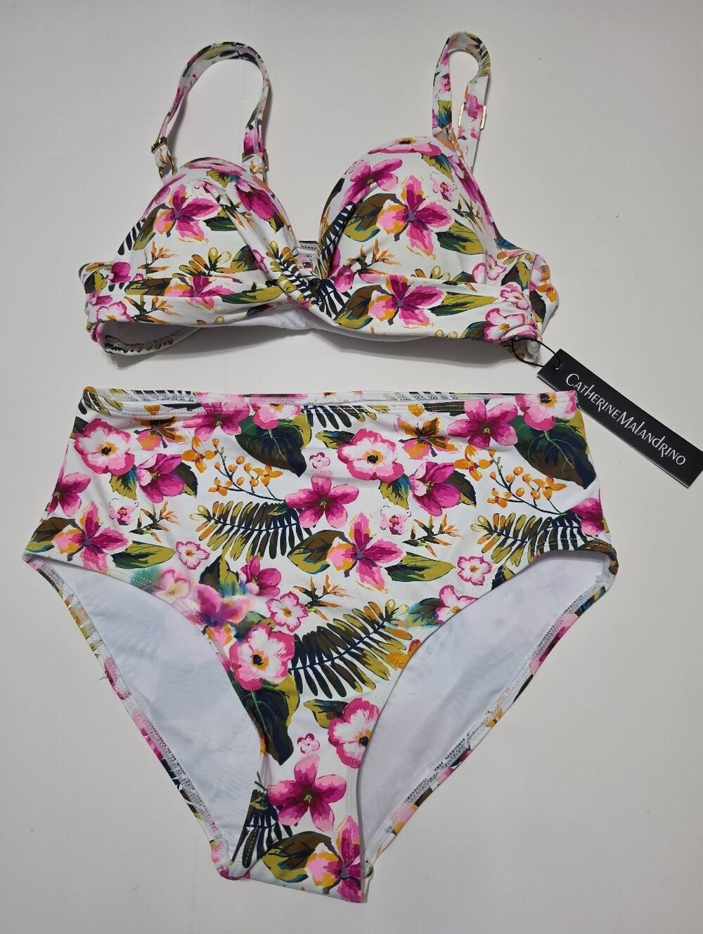 Catherine Malandrino Tropical Floral Twist-Top High Waisted-Bottom Bikini Set M